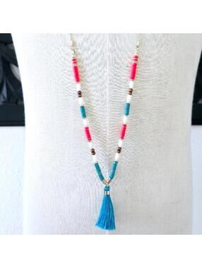 Taramanda Gold Tone Colorful Pink Blue Beaded Tassel Necklace